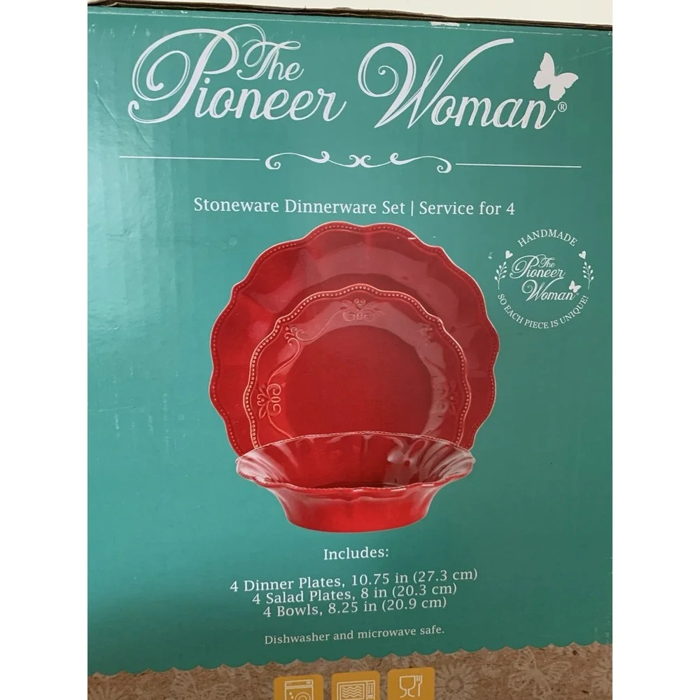 The Pioneer Woman Paige 12 Piece Stoneware  Dinnerware Set Red New In Box